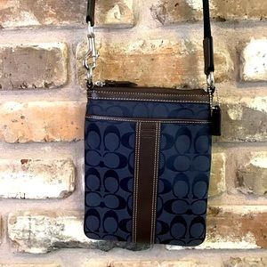 COACH Women’s Signature "C" Jacquard Navy Brown Leather Crossbody Bag